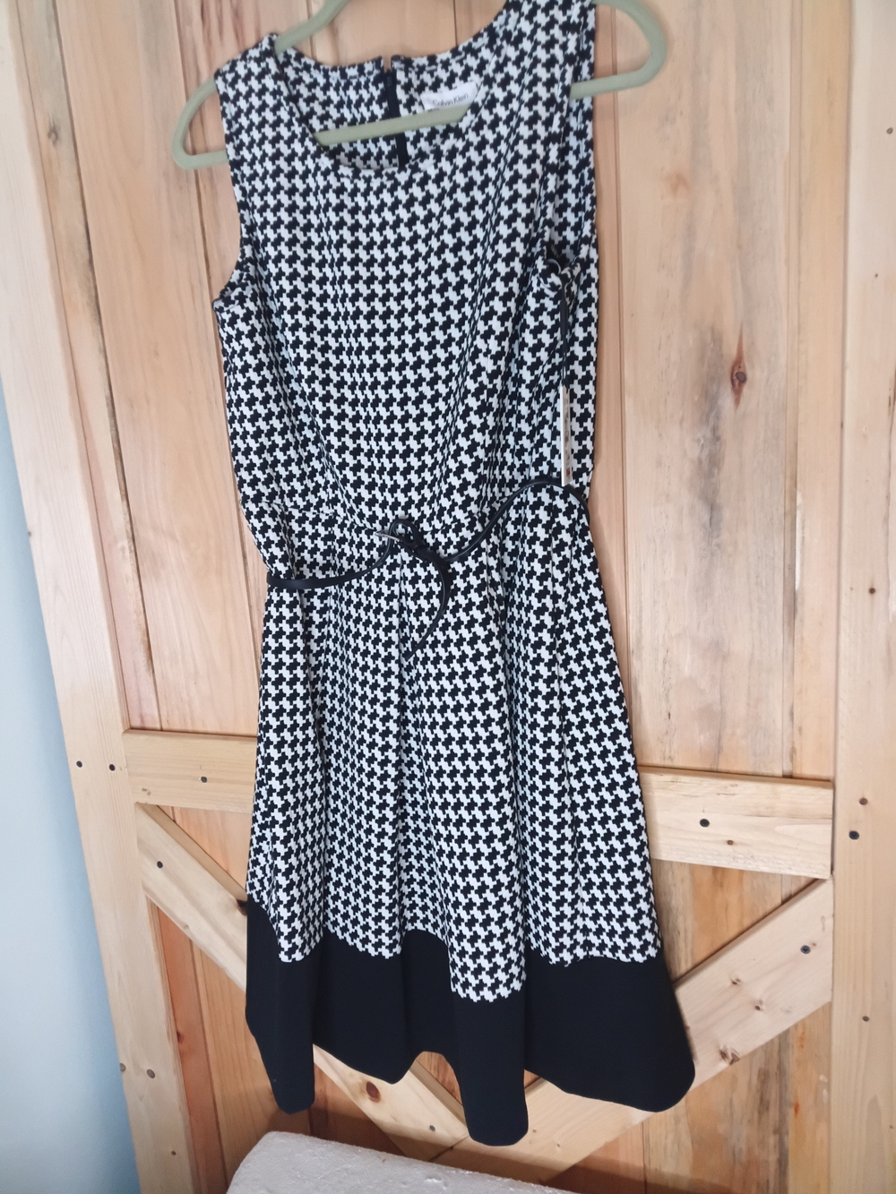 Calvin Klein Black and White Houndstooth Fit-and-Flare Dress Business Wear Sz 12